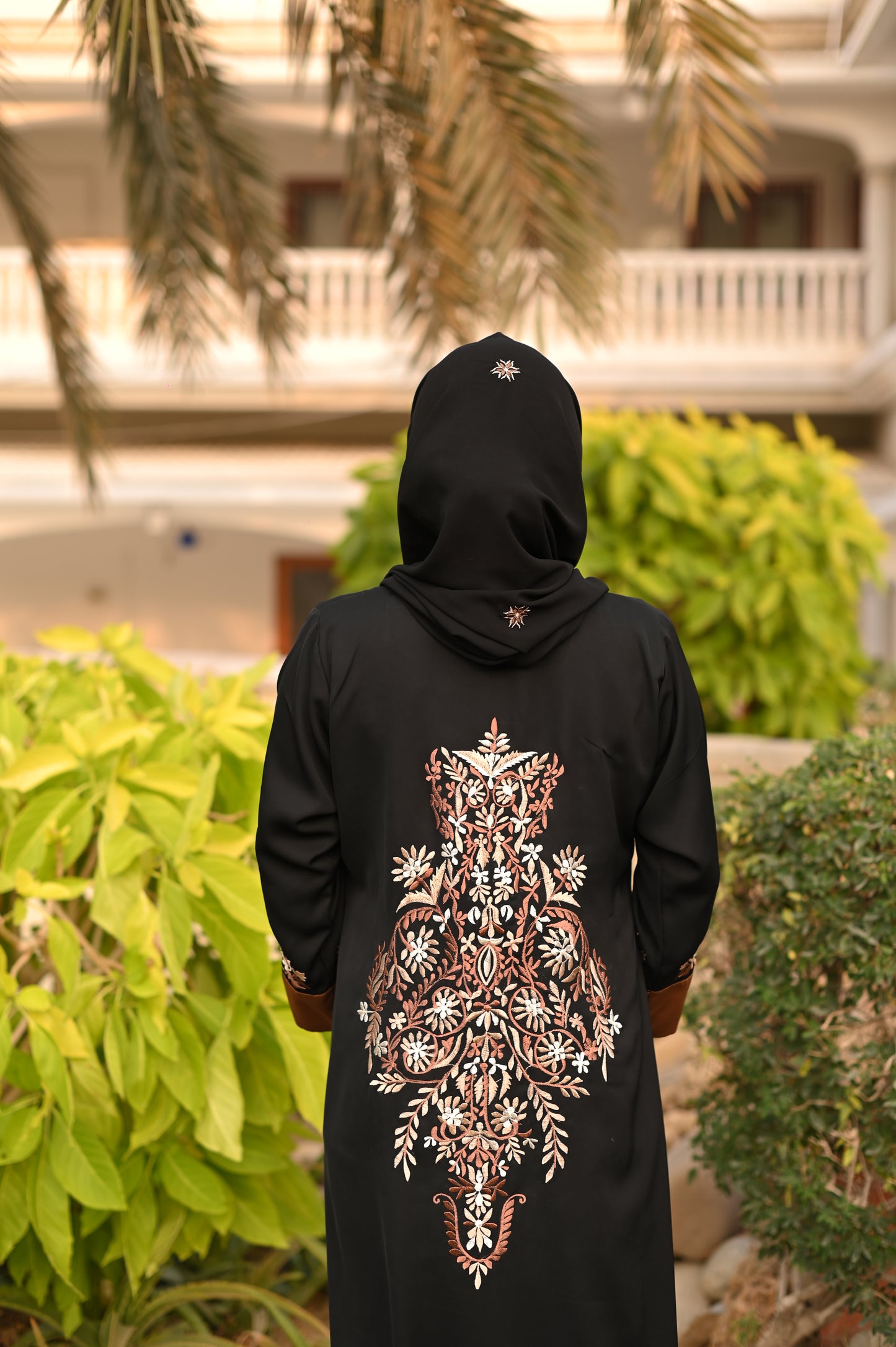Black and rust embroidered abaya