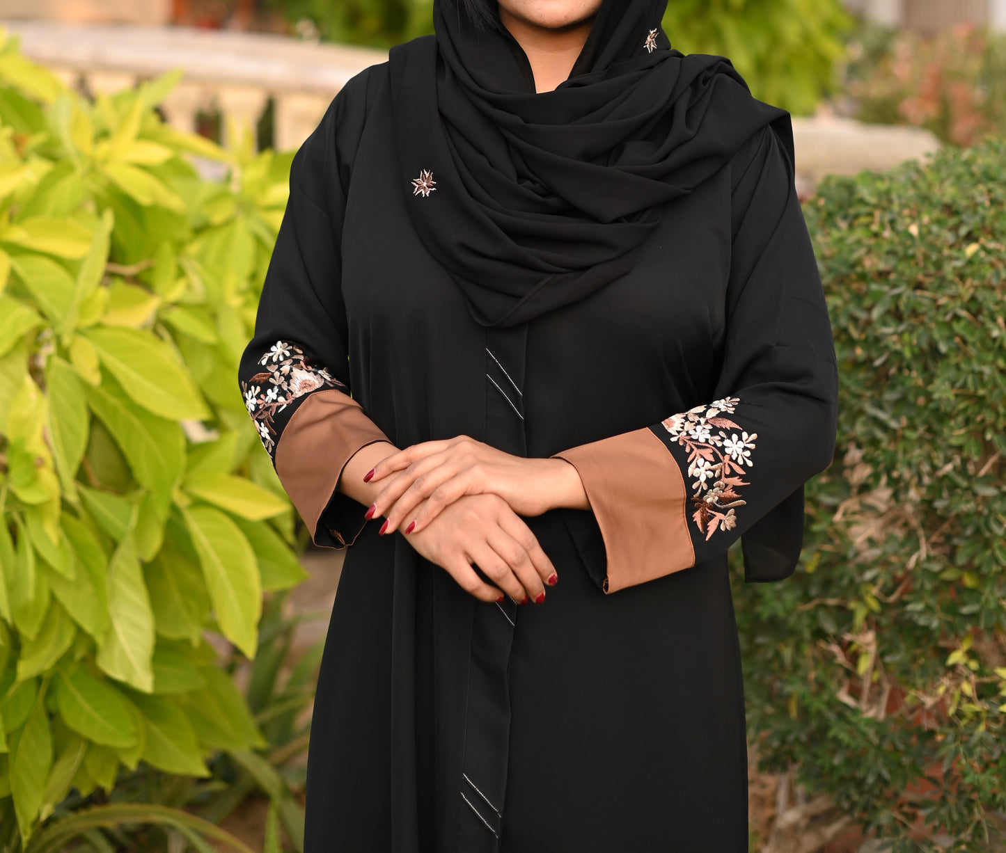 Black and rust embroidered abaya