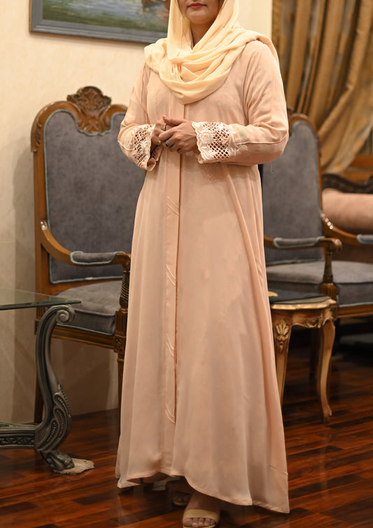 Peach embroidered and cutwork abaya