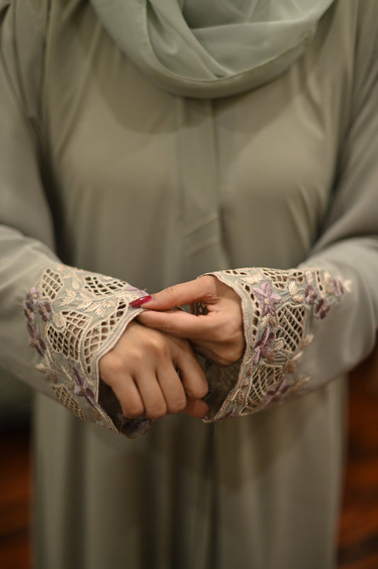 Grey cutwork and embroidered abaya