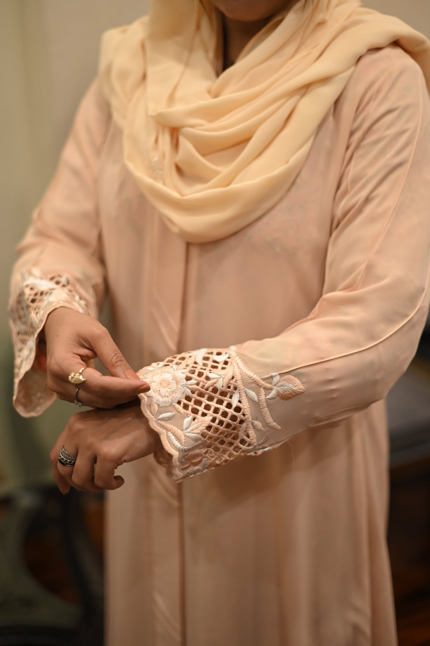 Peach embroidered and cutwork abaya