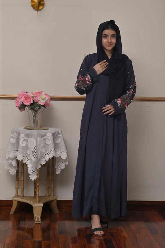 Navy Blue Embroidered Abaya
